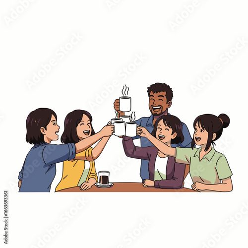 A vibrant group of diverse friends celebrates genuine connections and authentic laughter while toasting with coffee in a modern urban cafe setting.