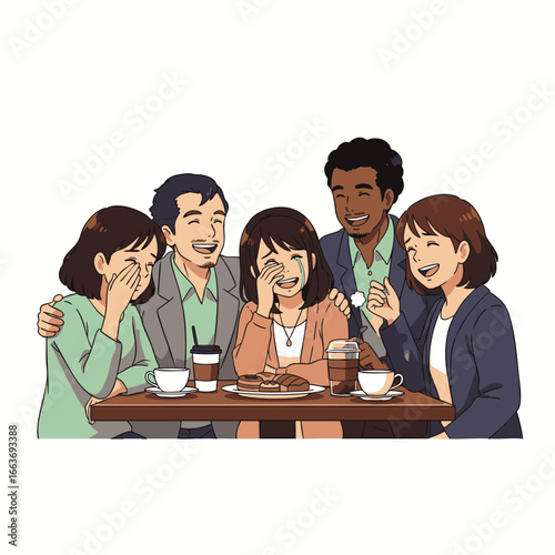 A diverse group of friends shares genuine laughter and true connections over coffee in a modern cafe, embodying joyful social interactions and community spirit.