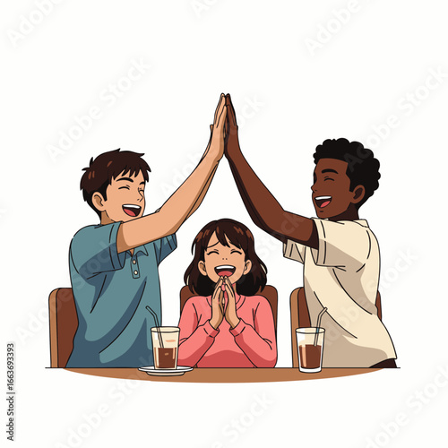 Three diverse young friends share a moment of authentic laughter and true connection, celebrating their happiness in a vibrant urban cafe setting.