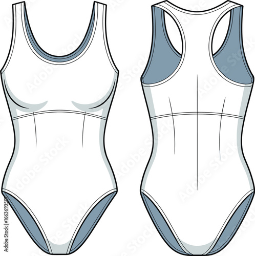  new update CAD Drawing Flat Vector Illustration, One-Piece Swimsuit Design Template, Front and Back Technical Fashion Sketch, Sleeveless Swimwear for Women Apparel