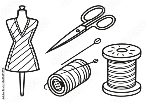 Dress form scissors thread spools needles mannequin