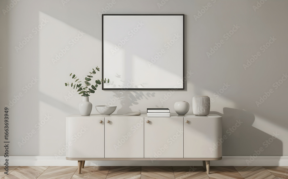 Obraz premium Modern minimalist interior scene showcasing a blank framed canvas above a sleek credenza with decorative vases and eucalyptus, bathed in soft natural light