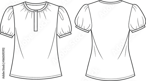 New update CAD drawing flat vector illustration, puff sleeve blouse design, front and back view, button neckline, fashion sketch, garment template, sewing layout