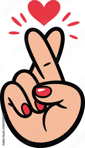 Cartoon hand with fingers crossed and a heart above