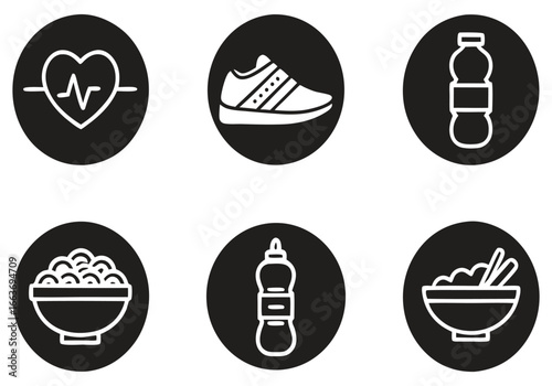 Health fitness food drink icons heart pulse running shoe