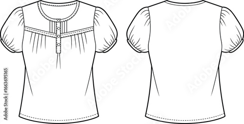 CAD drawing flat vector illustration, short sleeve blouse design, puff sleeves, button placket, round neckline, front and back view, fashion sketch new update