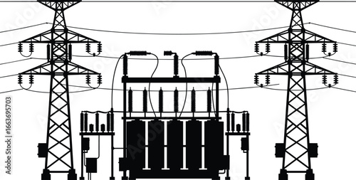 Electrical substation with high voltage transmission towers, power distribution, electric infrastructure, energy transmission, industrial electricity network, electrical power system, utility station