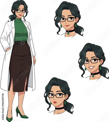 Anime Style Female Scientist Character Sheet with Expressions