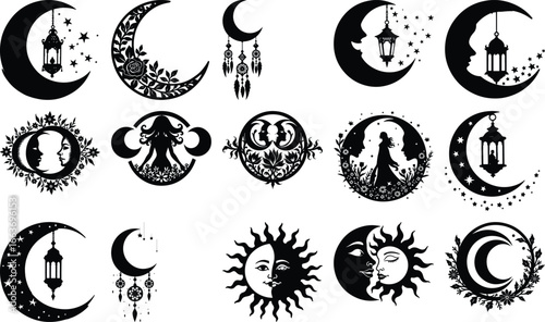 Celestial Sun Moon Star and Mandala Symbol Set