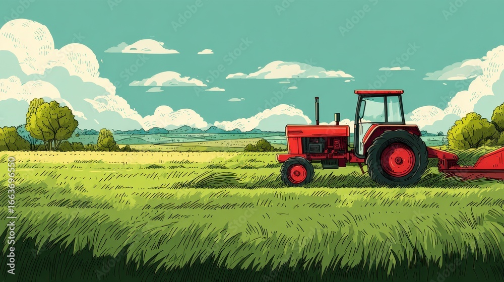 Fototapeta premium Joyful 2020 New Year Celebration at the Farm with Red Tractor in Lush Green Fields