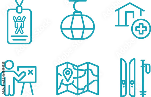 Blue Pictogram Set Skiing, Gondola Lift, Map, ID Card, Training, First Aid, Transparent