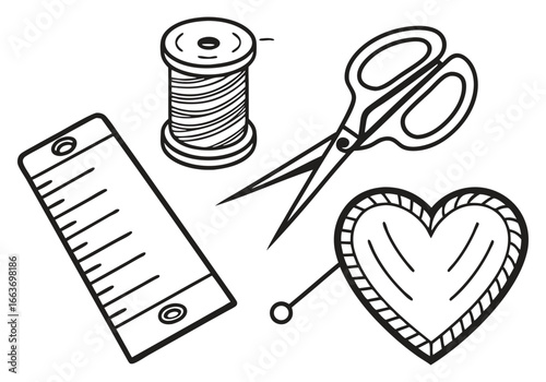Sewing supplies needle thread scissors ruler pincushion