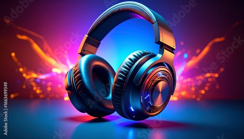 Modern headphones in a vibrant, dynamic, and colorful setting, showcasing their sleek design and illuminated accents.
