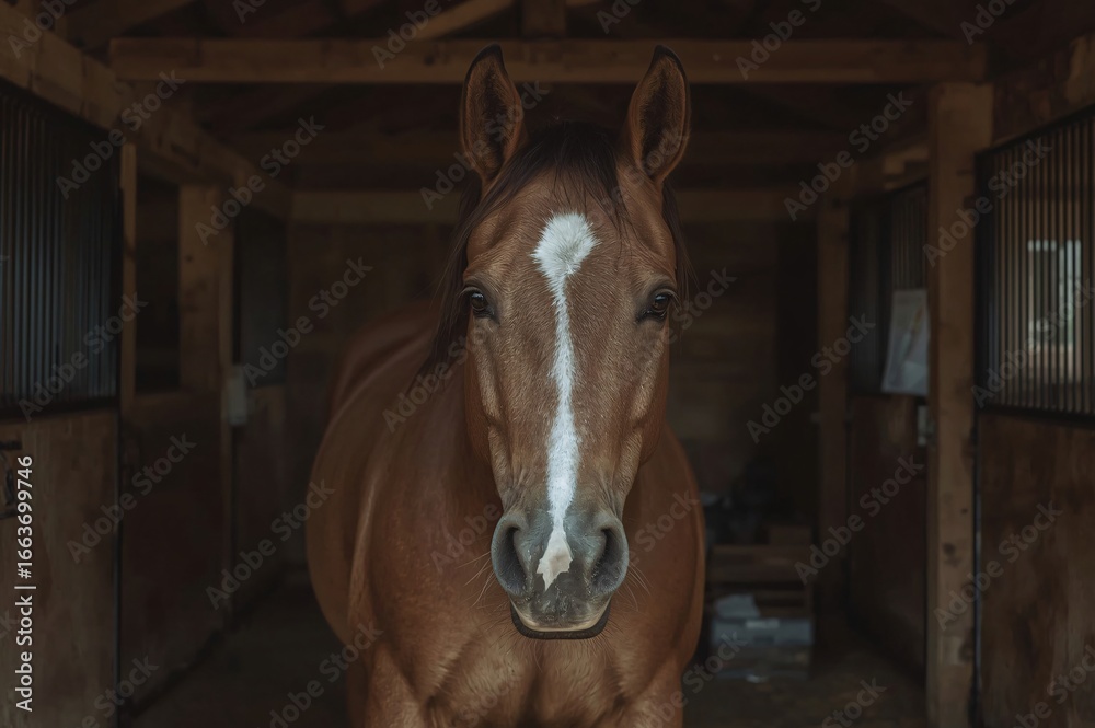 Fototapeta premium Chestnut horse stable portrait, rural setting