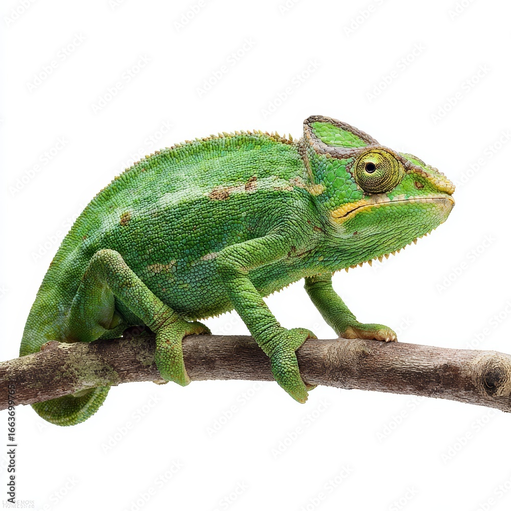 Obraz premium A green chameleon perched gracefully on a wooden branch, displaying its unique camouflage capabilities. Its eyes are focused, showcasing its fascinating nature