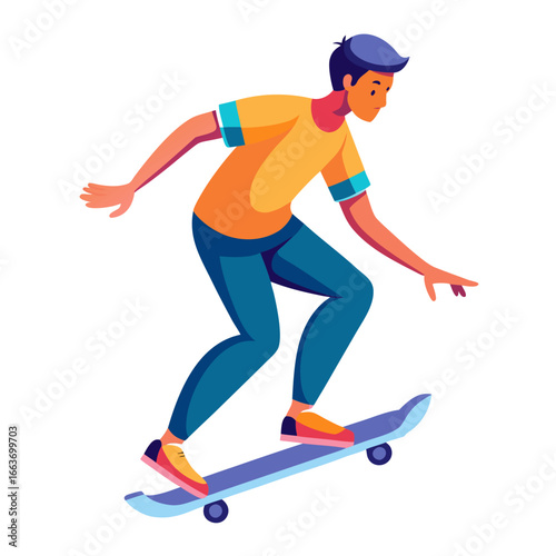 Young man skateboarding with a dynamic pose and colorful clothing