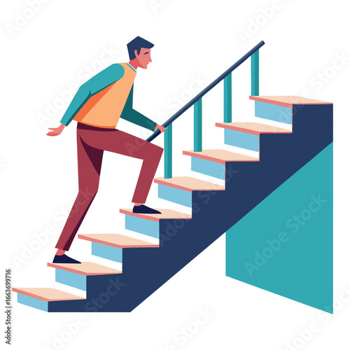 Man climbing stairs with hand on railing moving upwards