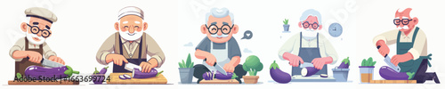 vector of grandfather slicing eggplant