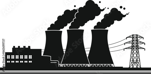 Industrial power plant with cooling towers, smoke emissions, electricity generation, factory building, and transmission tower, black silhouette vector illustration