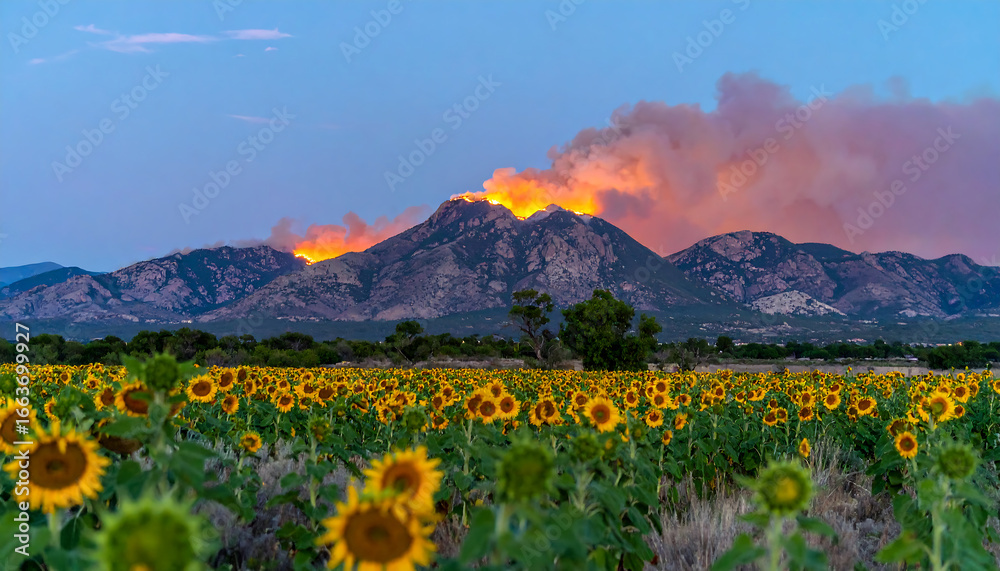 Fototapeta premium Wildfire burning on mountain ridge with smoke rising above, vibrant sunflower field in foreground under clear blue sky