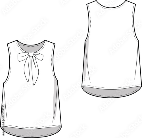 CAD drawing flat vector illustration, sleeveless top with bow detail, front and back view, fashion sketch, sewing pattern, garment template new update