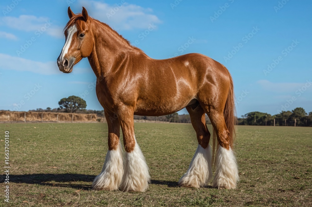 Obraz premium Chestnut draft horse, field, sunny day, farm background, equine