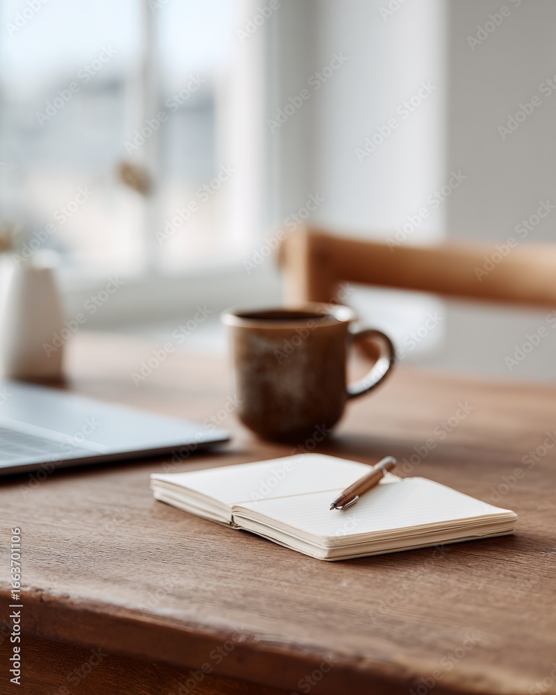 Fototapeta premium Laptop and a pen are on a wooden table
