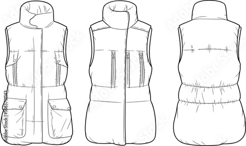 CAD drawing flat vector illustration, technical sketch puffer vest, front side back view, fashion design template, winter wear mockup, outerwear new update