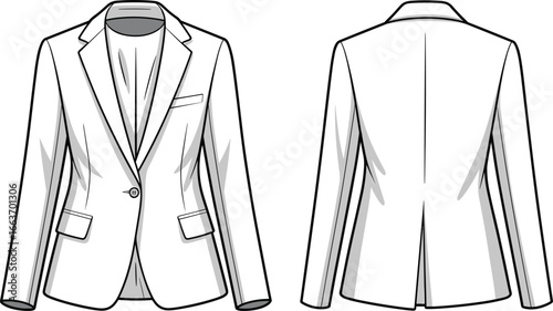 CAD drawing flat vector illustration, white blazer front and back view, fashion design, business attire, stylish jacket, wardrobe essential new update