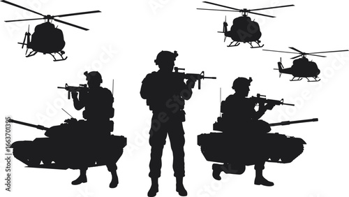Military soldier silhouettes with tanks and helicopters in combat positions, tactical war vector set for defense, warfare, and strategy concepts
