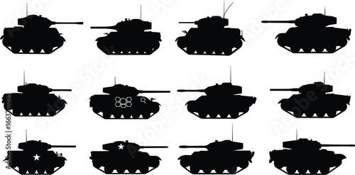 Military tank silhouette icons — front and side views of combat tanks, detailed turret shapes, antennas, stars, and armor plates