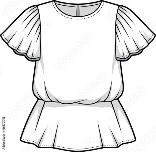 Cad drawing flat vector illustration, white blouse design, puff sleeves, peplum top, women’s fashion, garment sketch, sewing pattern, clothing template, fashion design concept