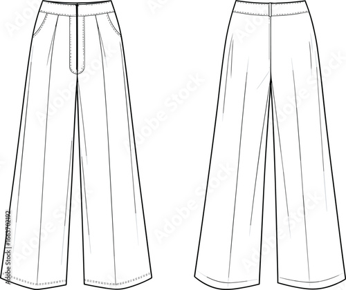 Cad drawing flat vector illustration, wide-leg trousers design, women’s fashion, casual chic pants, stylish clothing sketch, technical mockup new update