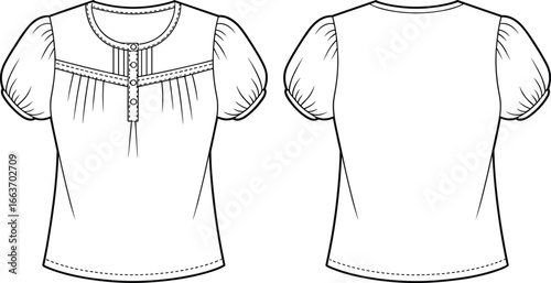 CAD drawing flat vector illustration, women’s blouse design, puff sleeves, buttoned front, front and back view, fashion sketch, garment template new update