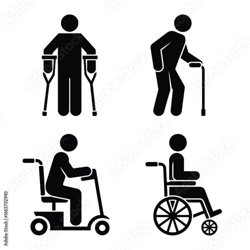 Icons representing people with mobility aids and disabilities