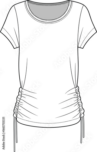 CAD drawing flat vector illustration, women’s ruched side t-shirt design, short sleeves, front view, fashion sketch, garment template, apparel layout new