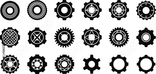 Set of black gear and tire icons, mechanical parts, industrial symbols, cogwheel designs, engineering elements, machine components vector collection.