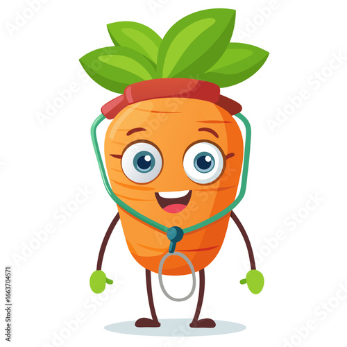Cute cartoon carrot character wearing a stethoscope and doctor s cap