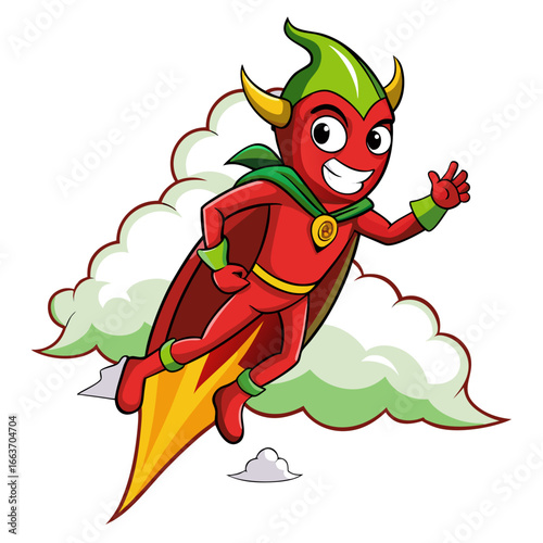 Cartoon chili pepper superhero flying through clouds with jet propulsion