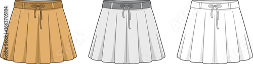 Cad drawing flat vector illustration, women's pleated skirt design, casual skirt fashion template, summer wear apparel sketch, front view garment technical drawing, stylish clothing pattern