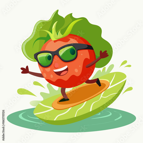 Cartoon tomato wearing sunglasses surfs on a lettuce leaf