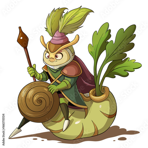 Cute cartoon snail warrior riding a turnip with a spear and shield