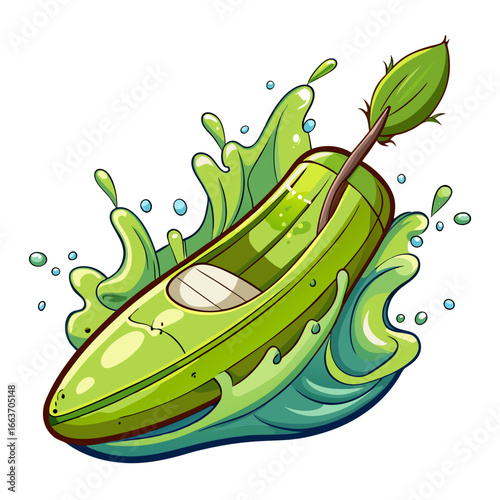 Green kayak surfing a water splash with a leaf