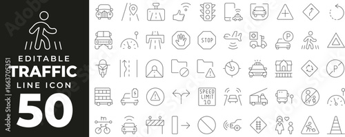Traffic and Road Safety set of web icons in line style. Transportation and navigation linear icons collection. Containing traffic light, car, motorcycle, bike, road, intersection, pedestrians