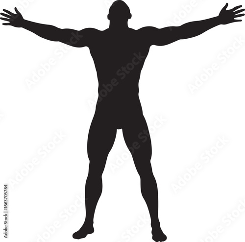 Silhouette of a muscular man with arms outstretched in a welcoming or triumphant gesture against a stark white background