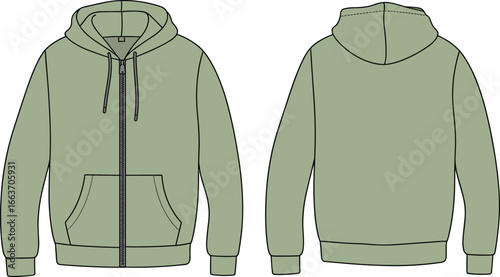 Cad drawing flat vector illustration, zip-up hoodie front back view, casual sweatshirt design, hooded jacket technical sketch, sporty outerwear garment,  new