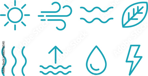 Ecology Symbols Set on White Background Sun, Water, Wind, Leaf, Heat, Power