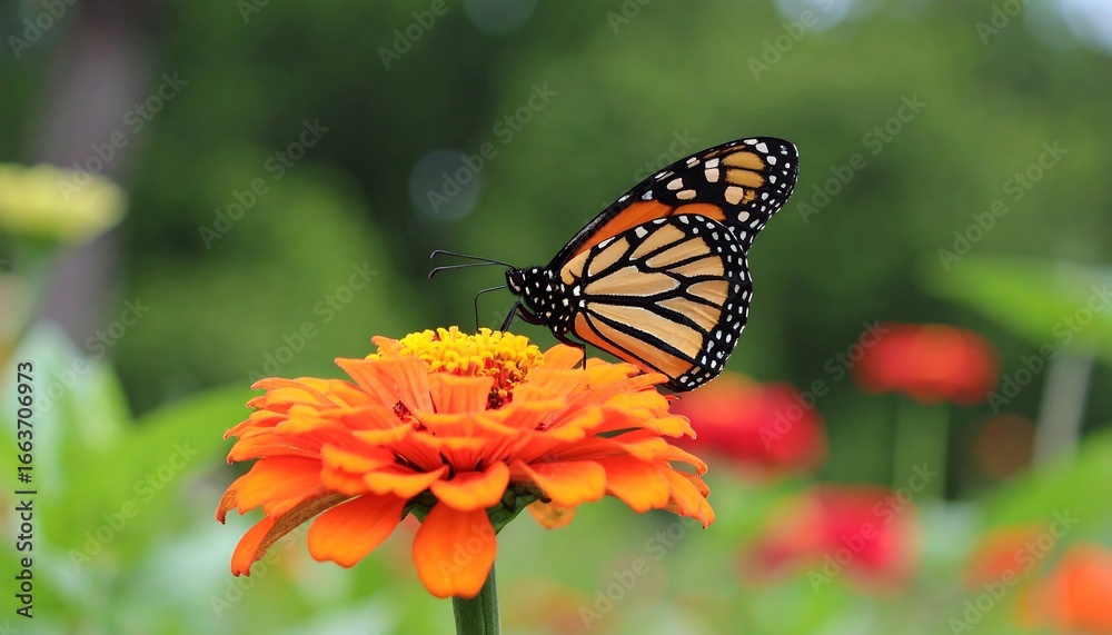 Obraz premium A monarch butterfly rests gracefully on a vibrant orange zinnia flower, bathed in soft sunlight.