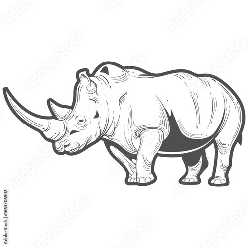 Hand-Drawn Rhino Illustration – Detailed Black and White Rhinoceros Vector