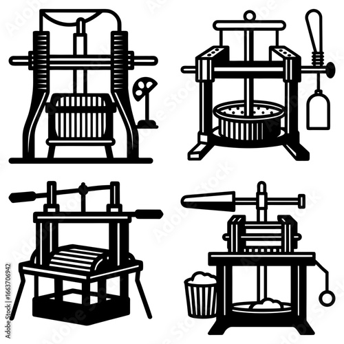 Four different styles of antique fruit presses used for making juice and cider illustration